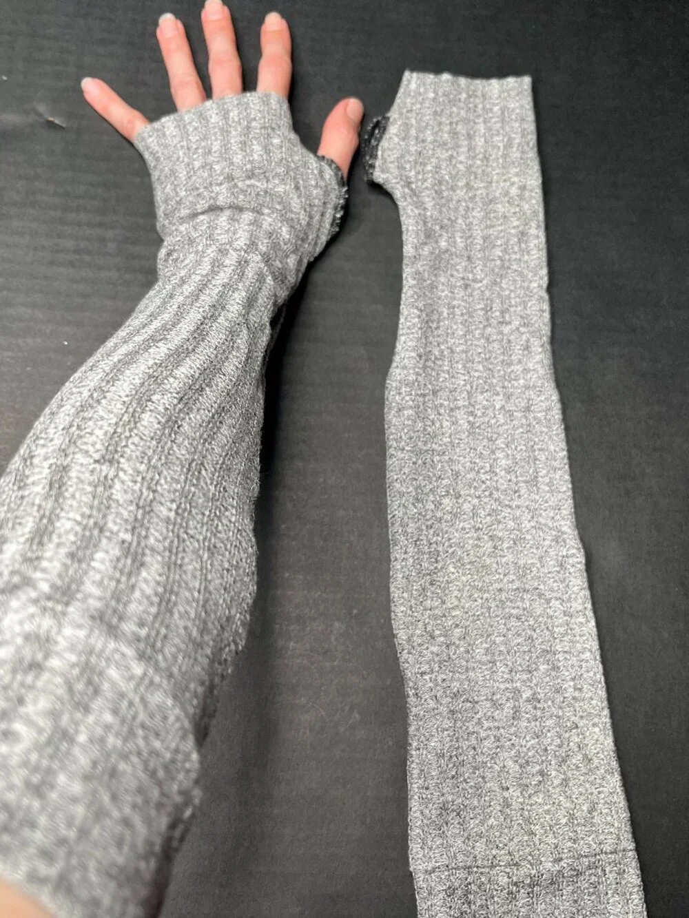 Sweater Fingerless Gloves Gray Knit Arm Warmers Over the Elbow Ribbed Soft Light